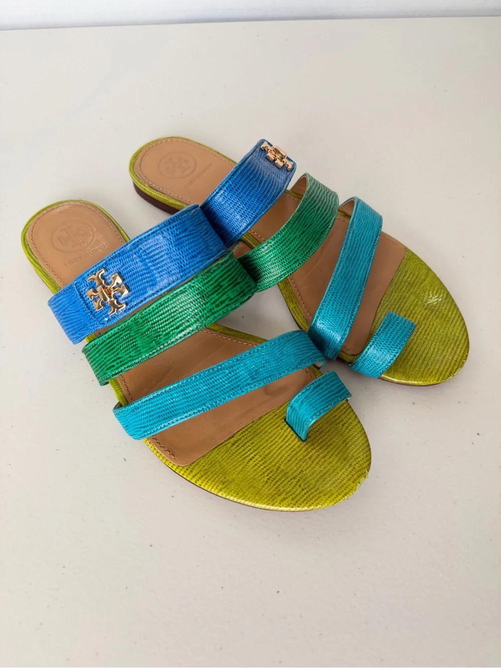 Tory Burch Kira Toe Ring Sandals Blue Green Leather Size 8 M